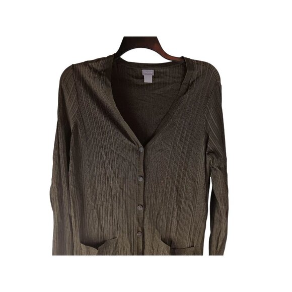 Chico's Cardigan Sweater Olive Green Ribbed Long Sleeve Button Up - Size L - Picture 2 of 11